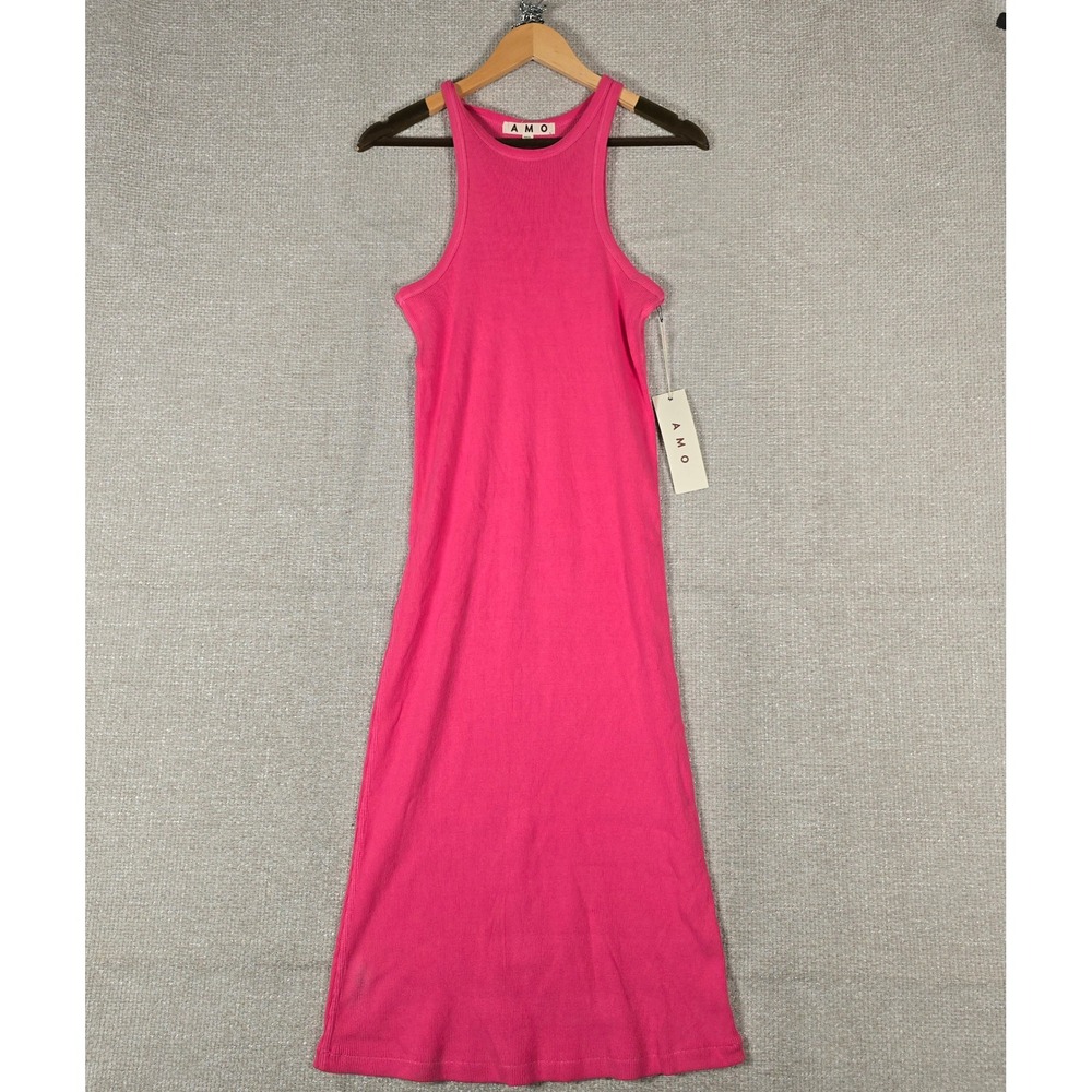 AMO‎ Womens Muscle Tank Dress Pink Ribbed Knit Midi Sleeveless A60476 281 L NEW